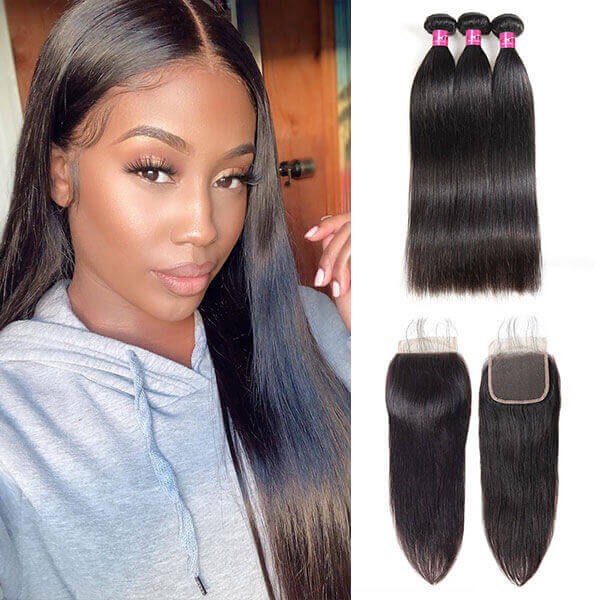 Human Hair Straight Hair 3 Bundles with HD 4x4 Lace Closure