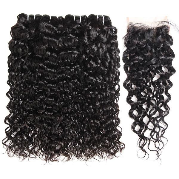 Peruvian Water Wave 4 Bundles with 4*4 Lace Closure Wet And Wavy Hair