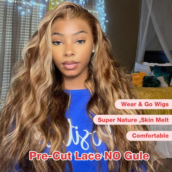 Glueless Ready To Wear Wig Brown Hair with Blonde Highlights Body Wave Lace Front Human Hair Wig