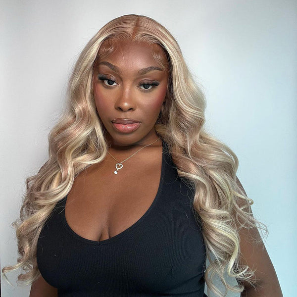 Ash Blonde Highlights Body Wave Lace Front Wig Transparent Lace Blonde Hair P10/613 Color