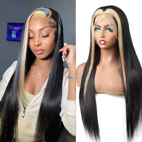 Black and Blonde Hair Transparent Lace Front Hair Wig Straight Hair Skunk Stripe Wig for Women