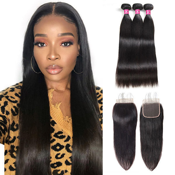 Peruvian Straight Hair 3 Bundles with 4x4 Lace Closure Remy Human Hair Bundles