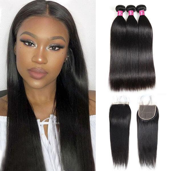 Human Hair Bundles Straight Hair 3 Bundles With 5x5 Transparent Lace Closure