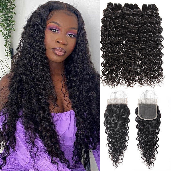 Peruvian Water Wave Hair 3 Bundles with 4x4 Lace Closure