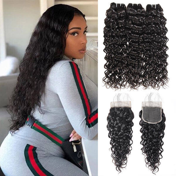 Water Wave 3 Bundles With Closure 100% Virgin Human Hair Extensions With 4x4 lace Closure