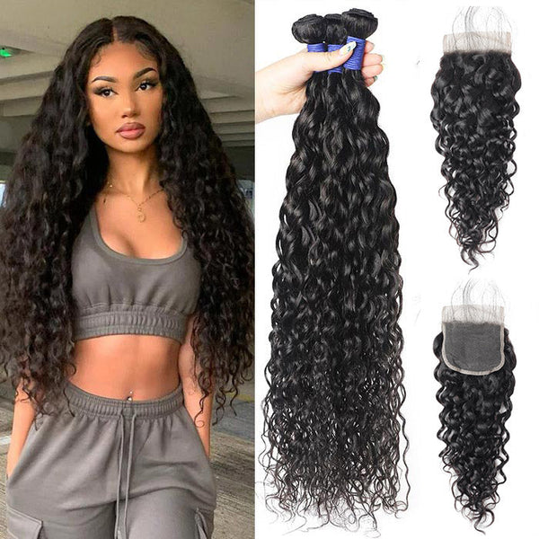 Water Wave Hair 3 Bundles With Closure 100% Virgin Human Hair Extensions With 4x4 lace Closure